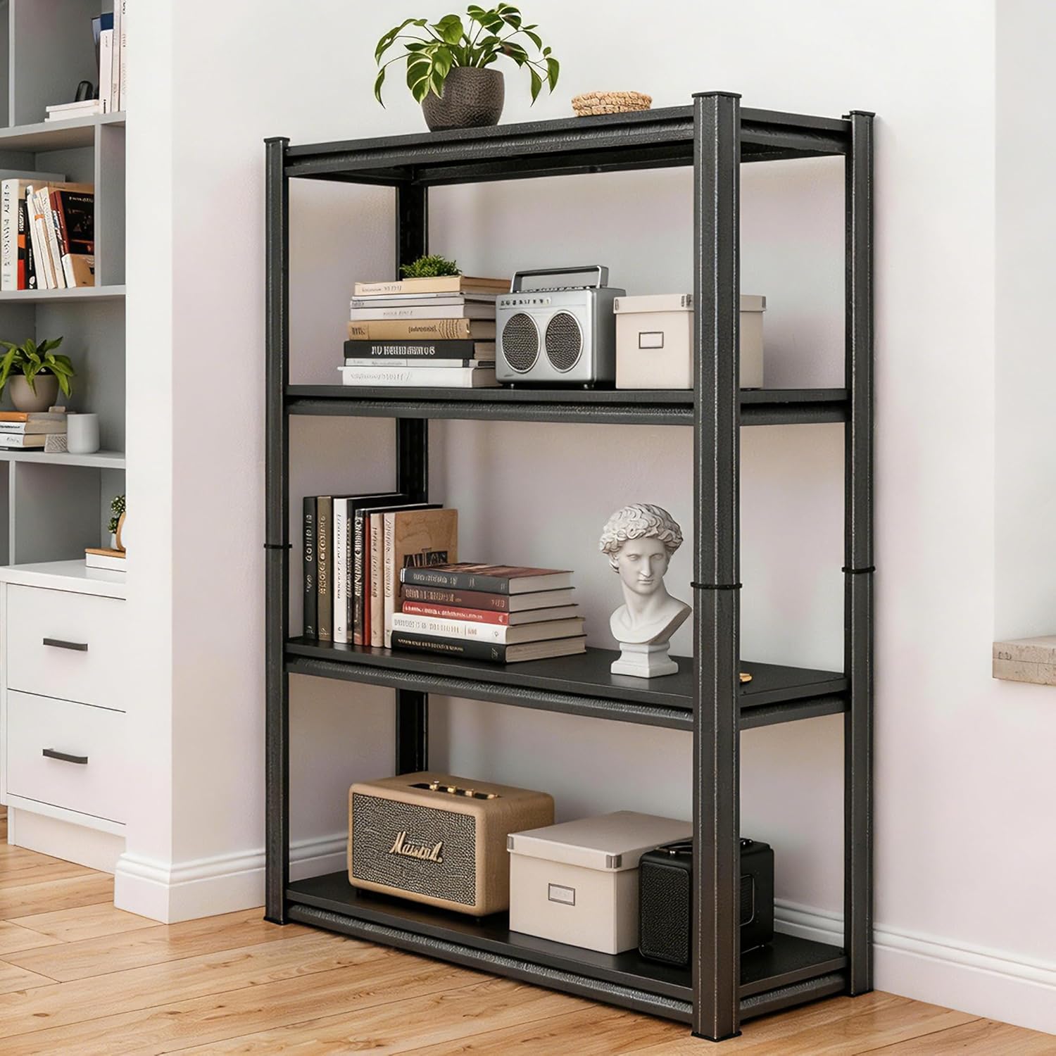 4-Tier Corner Shelf, Corner Bookshelf, Industrial Metal Storage Shelving Unit, Adjustable Storage Stand, Heavy Duty 2000 lbs Capacity, Steel Rack for Pantry, Living Room, 13.8"W×11.8"D×44.1"H