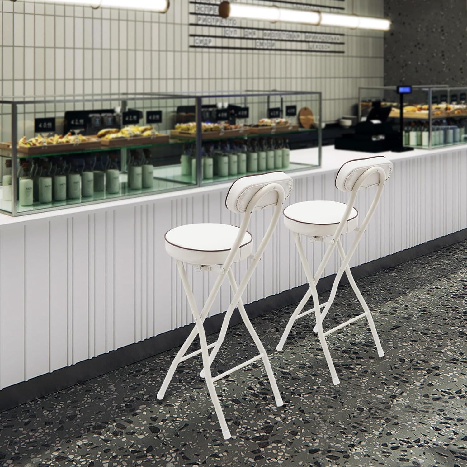 2 Pcs Folding Bar Stools, 26 Inch Portable Tall Chairs with Backrest, Carbon Steel Frame and PU Padded Seat for Kitchen, Cafe, Living Room, Camping (White-5)