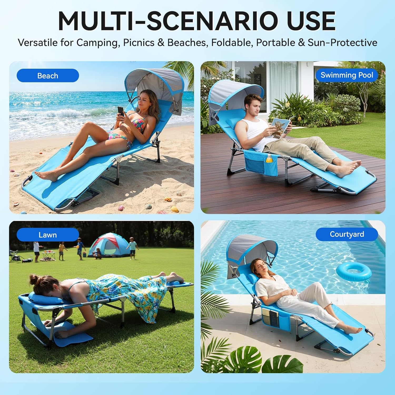 27 Inch Oversized Folding Tanning Chair with Canopy & Face Hole, Portable Face Down Lounge Chair with Pillow, 3-Position Adjustable Patio Chaise for Beach, Pool, Lawn Blue 1