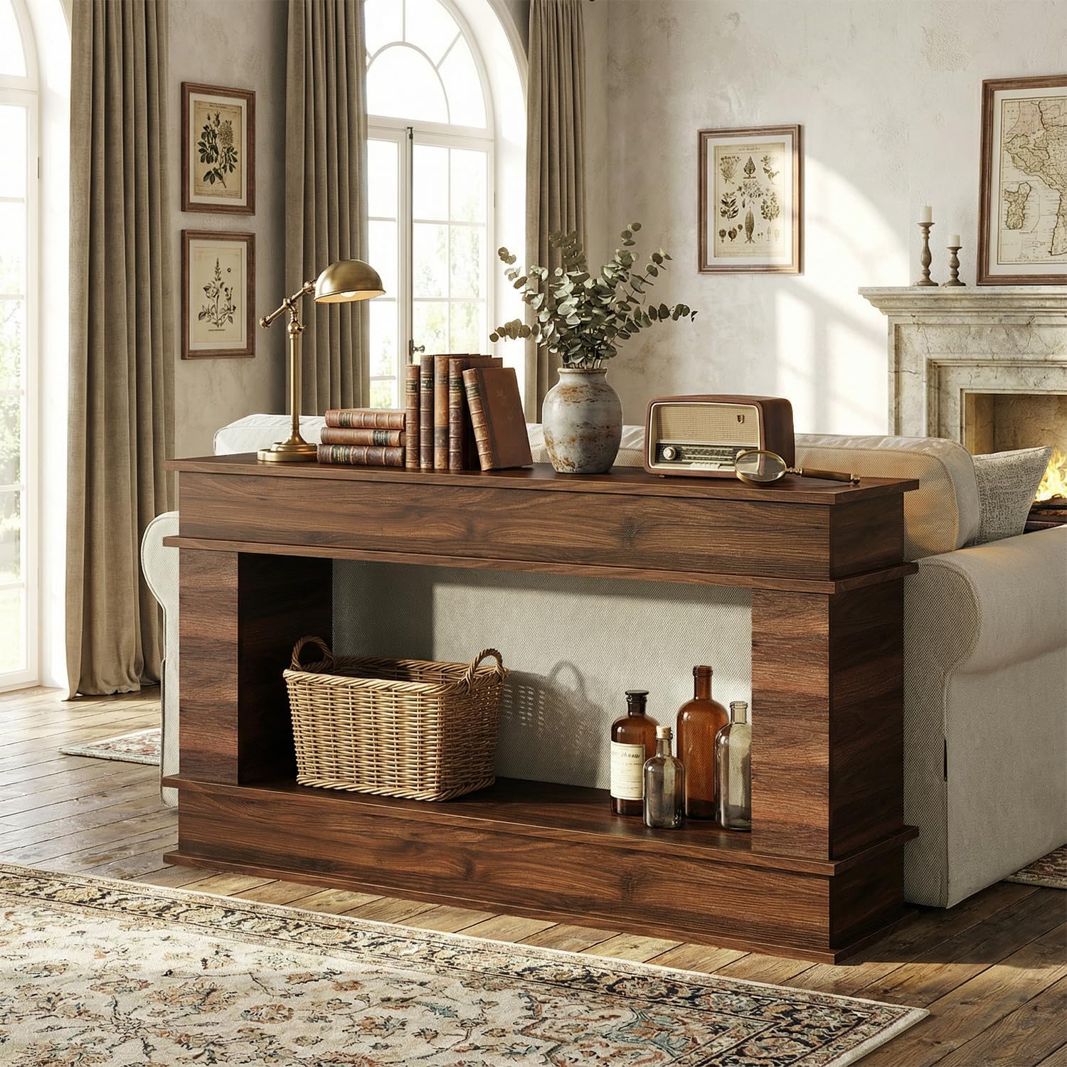 63 in Farmhouse Console Table, Long Entryway Table with Open-Back Storage, Wood Entrance Table, Narrow Couch Table Behind Sofa Modern Entry Table for Living Room, Foyer, Hallway,Walnut