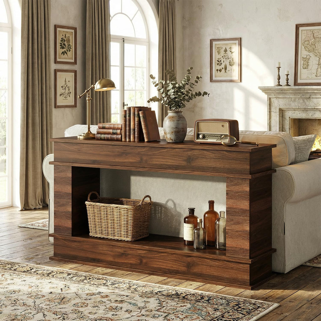 63 in Farmhouse Console Table, Long Entryway Table with Open-Back Storage, Wood Entrance Table, Narrow Couch Table Behind Sofa Modern Entry Table for Living Room, Foyer, Hallway,Walnut