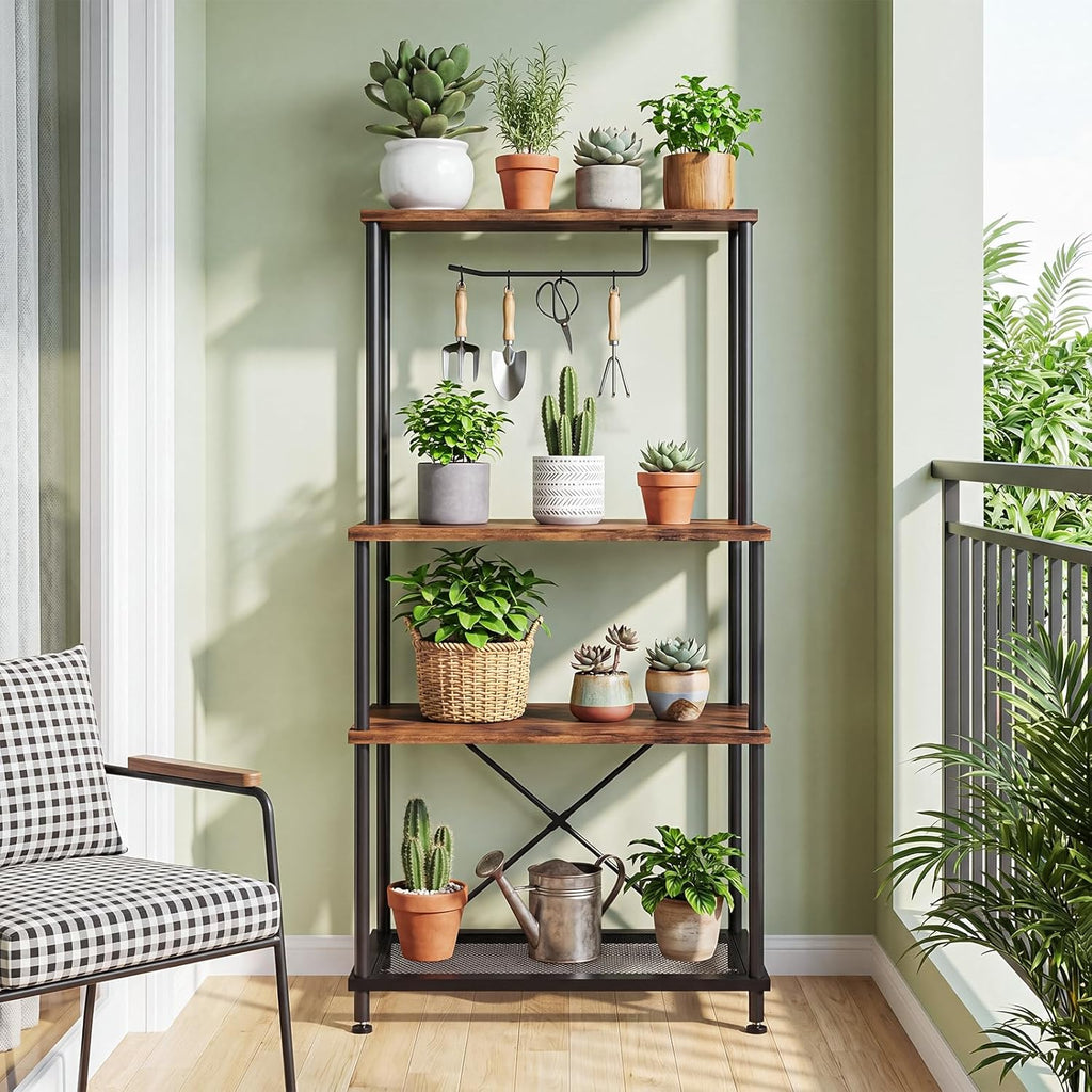 SUPERLELE 4-Tier Bakers Rack, Coffee Bar Table with Paper Holder, Rustic Brown Kitchen Storage Shelf Microwave Stand, Reinforced Industrial Standing Rack for Home Kitchen, 23.6 x 13 x 49.2 Inches