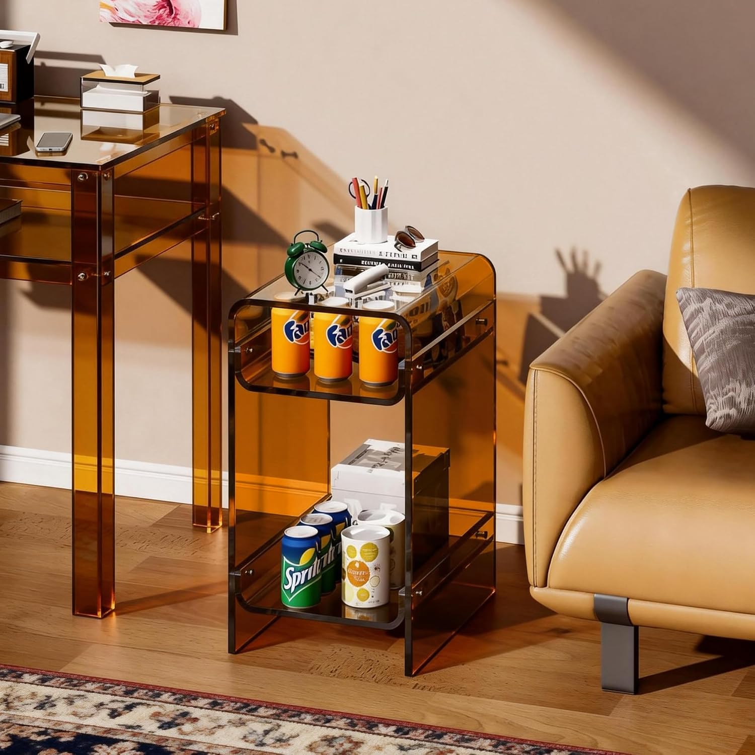 Clear Acrylic Side Table Narrow, Side Table for Small Spaces, Skinny Nightstand/Bedside Table for Bedroom, Slim Small End Table, 8.7'' x 15.7'' x 21.7" (Dark Brown, Wide)