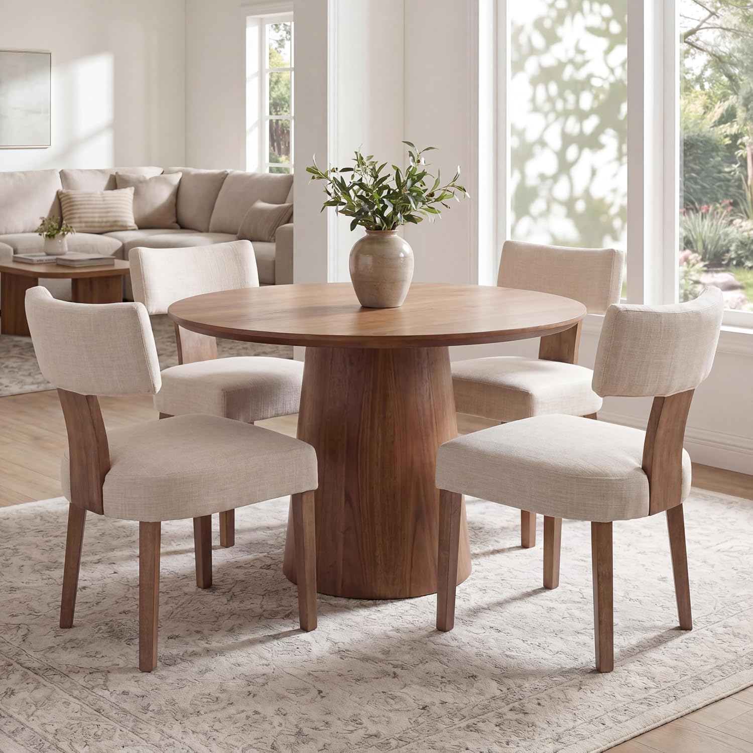 VESCASA Mid Century Modern Dining Chairs Set of 4, Upholstered Linen Dining Room Chairs with Ergonomic Curved Backrest, Solid Wood Legs, Kitchen Accent Chairs for Apartment, Farmhouse & Home, Beige