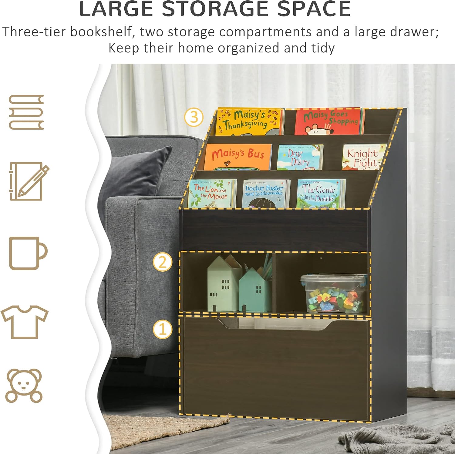 Bookcase Multi Shelf Rack Organizer with Storage Drawer for Books, Playroom, Brown