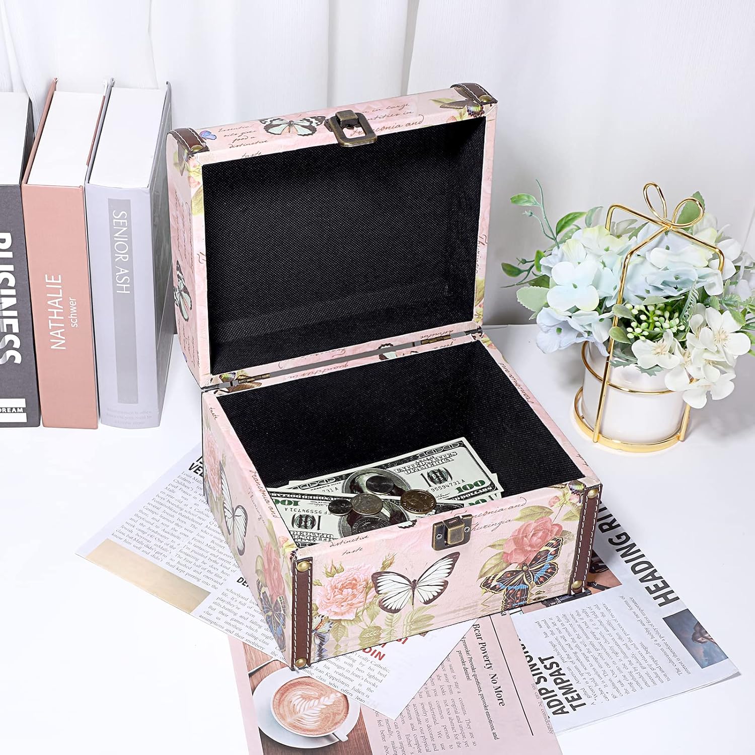 ELLDOO Decorative Treasure Chest Box, Wooden + PU Leather Storage Box for Jewelry Trinkets, Keepsakes box for Girls Women Gifts (Butterfly Pattern, Large)