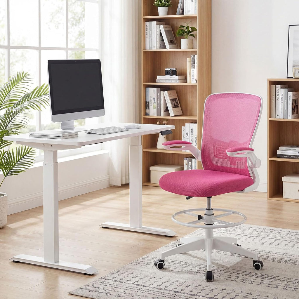 Giantex Ergonomic Drafting Chair Tall Office Chair with Flip-Up Armrests Footrest Ring Height Adjustable Executive Task Chair Mesh Computer Standing Desk Chair Lumbar Support for Home Office (Pink)