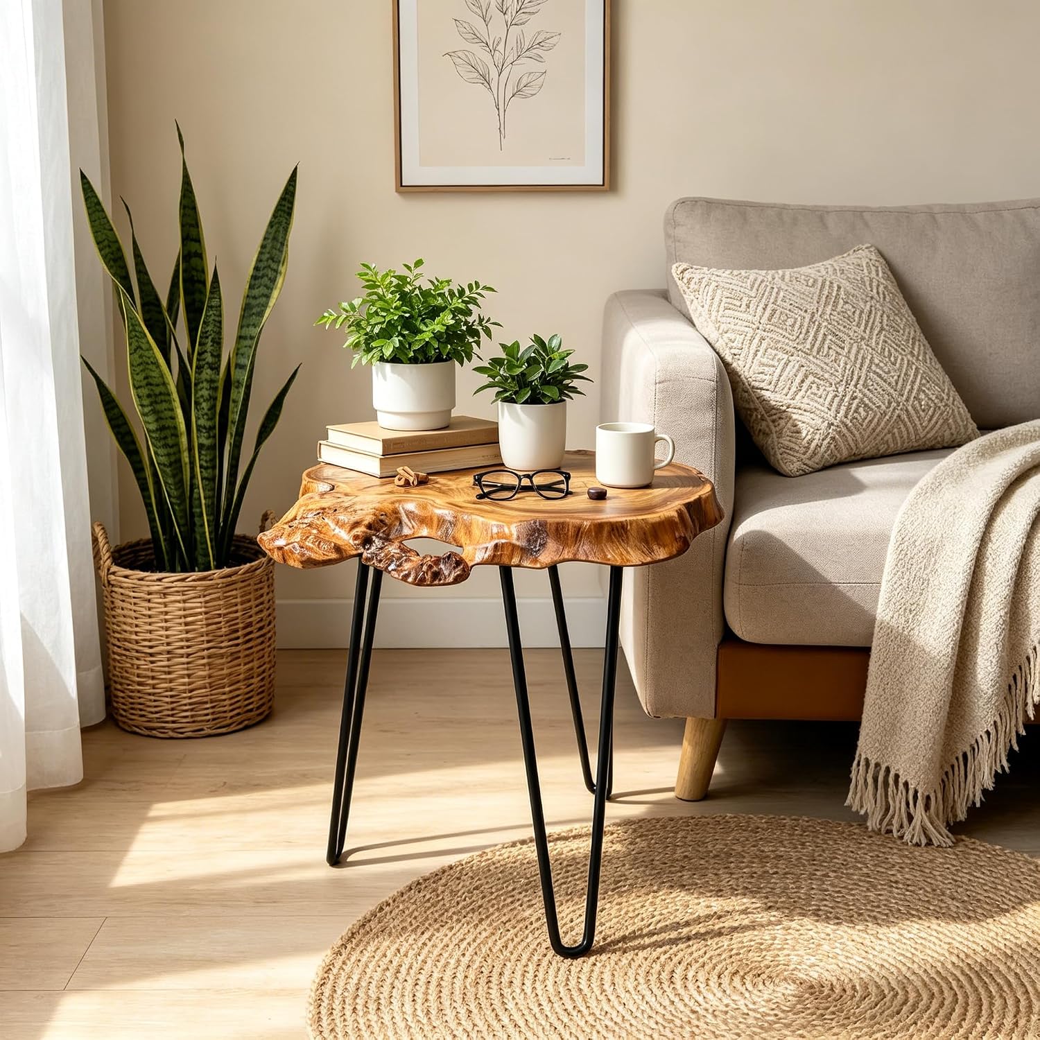 Live Edge Side Table, Natural Edge Wood End Table with Hairpin Legs, Unique Natural Wood Table for Living Room, Bedroom, Farmhouse Decor (Medium)
