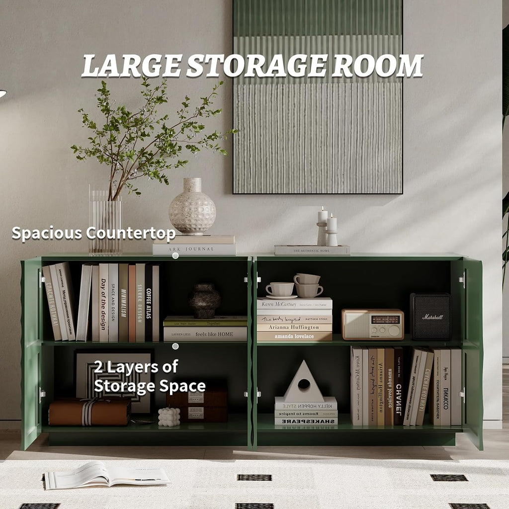 4 Door Modern Sideboard Buffet Cabinet with Spiral Grain, Accent Storage Sideboard Freestanding Anti-Dumping Storage Cabinet Buffet for Kitchen & Living Room (Green)