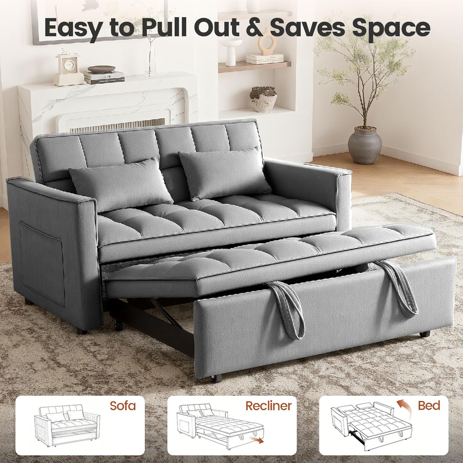 3 in 1 Convertible Sofa Bed, Love Seat Sleeper Bed with Side Pockets, Velvet Fabric Pull Out Couch with Adjustable Backrest for Living Room, Bedroom, Gray Apartment, Gray