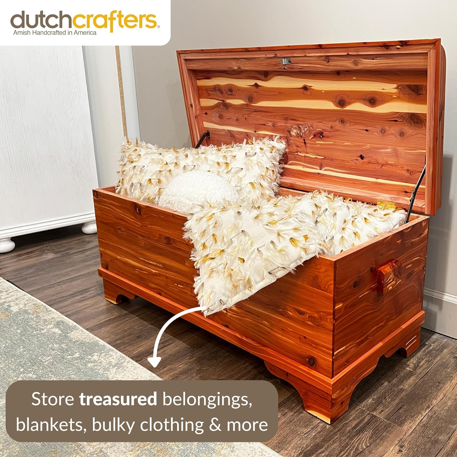 DutchCrafters Red Cedar Wood Blanket Storage for Living Room, Fully Lined Hope Chest, Bedroom Bench, Lockable Storage Box, Locking Chest with Handles and Waterfall Edge - Amish Made in USA (45" Large)