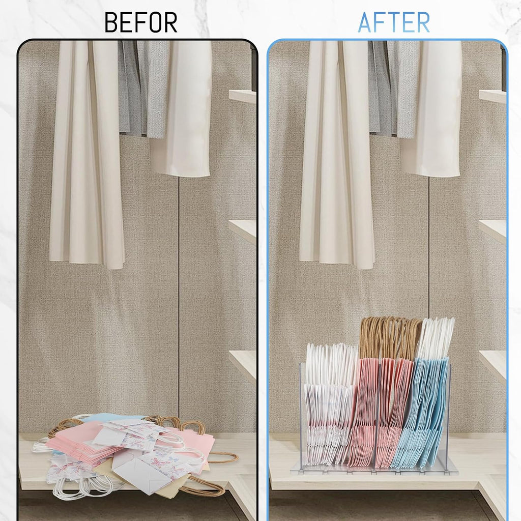 Gift Bag Storage Organizer:Acrylic reusable grocery bag organizer bag, Adjustable Shelf Divider Bag Organizer for Small Closet Upgraded to four partitions for more convenient storage