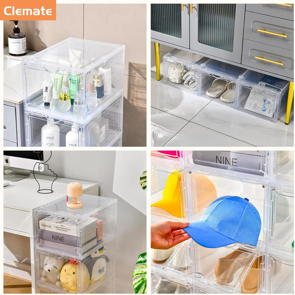 Clemate Upgraded X-Large Shoe Organizer,Shoe Storage Organizer,12 Pack,Shoe Box Clear Plastic Stackable,Drop Front Shoe Box with Clear Door, Shoe Containers For Sneaker Display,Fit up to US Size12