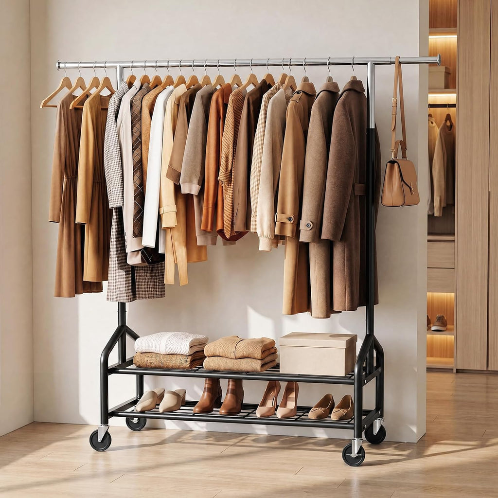 Heavy Duty Clothes Rack, Rolling Clothing Rack Load 650 LBS for Hanging Clothes with 2 Sturdy Shelves, Metal Garment Rack with Wheels for Bedroom, Retail Store, Silver-Black, Large