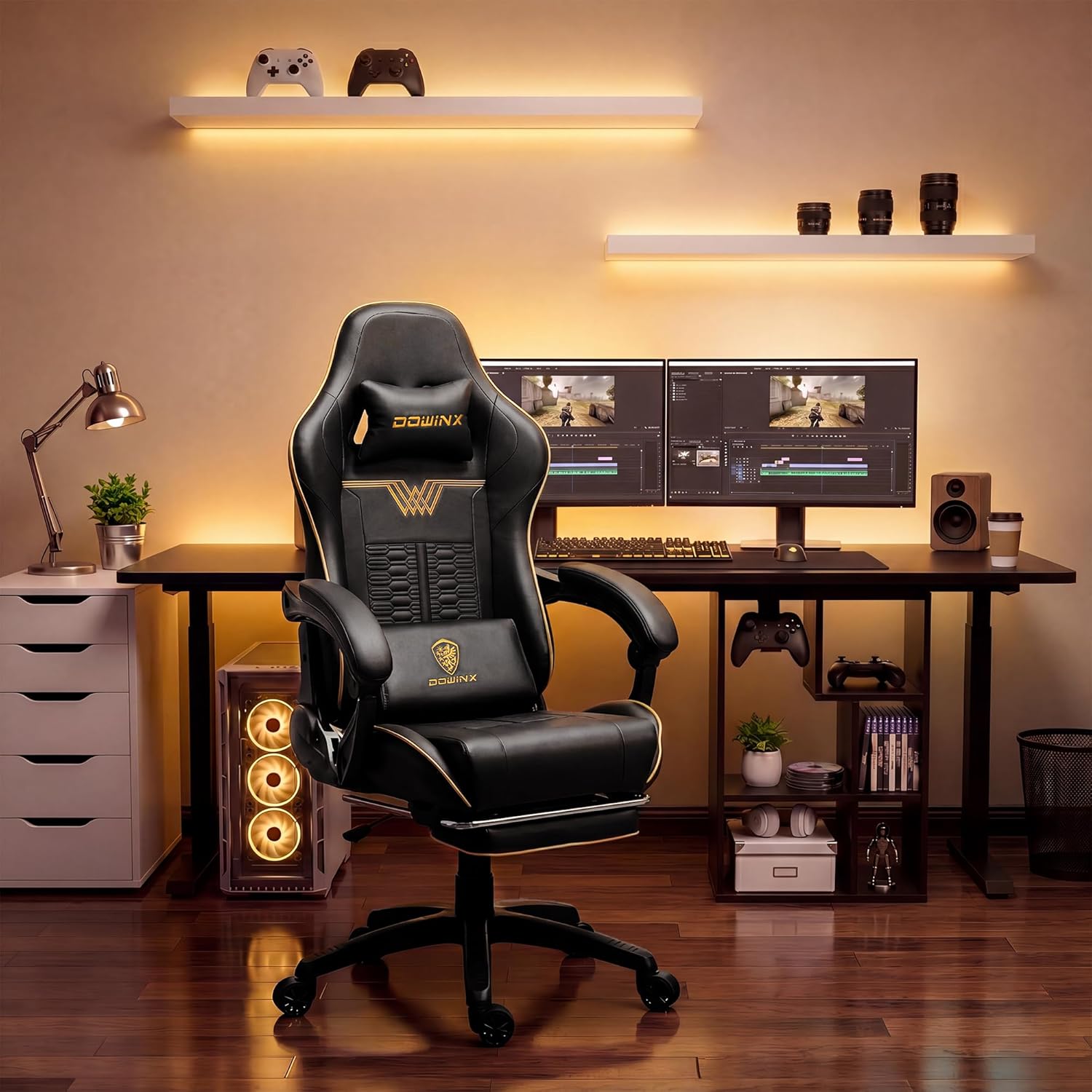 Dowinx Big and Tall Gaming Chair 350LBS, Racing Style Ergonomic Computer Chair with Side-Mounted Recline Control, Footrest & Massage Lumbar, High Back Chair with Embroidered Design for Work, Black