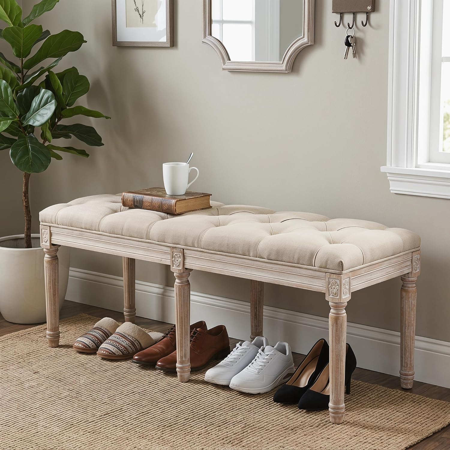 Tufted Dining Bench French Vintage Fabric Upholstered Wood Dining Room Bench Rustic Entryway Bench Bedroom End Bed Bench, Beige 45" Long