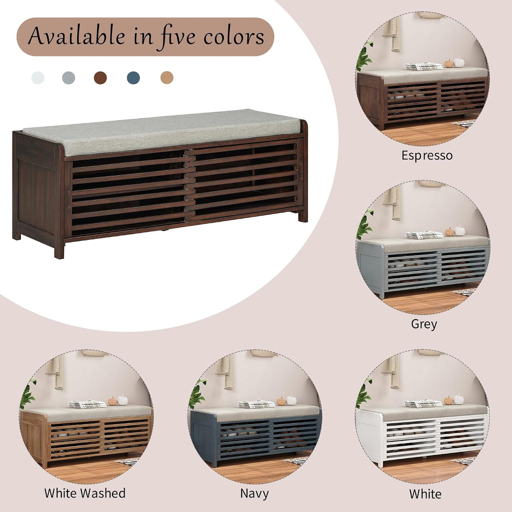 Merax Multipurpose Entryway Storage Bench with Shutter Doors, 43.3" Wooden Shoe Organizer with Upholstered Seat for Entryway, Hallway and Living Room