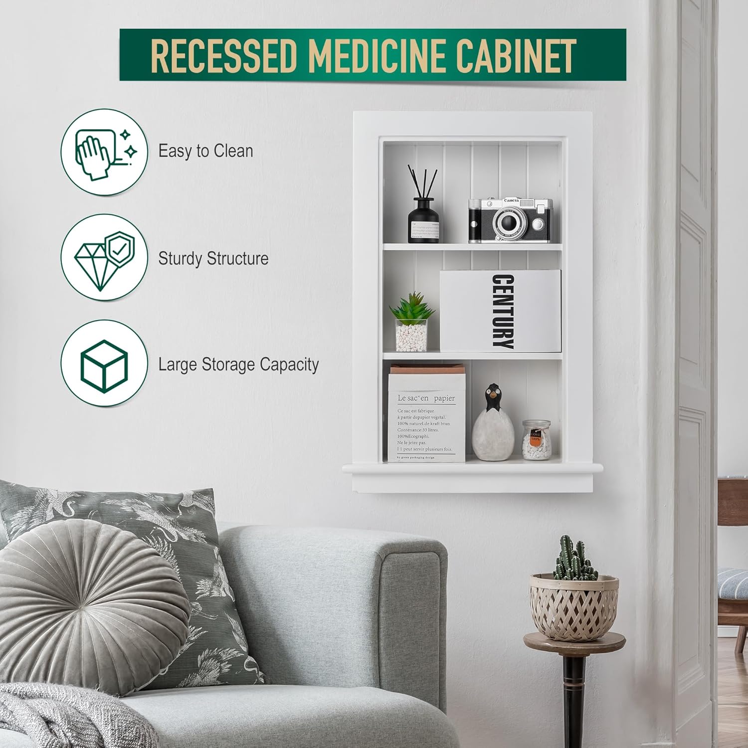 14 x 24 Medicine Cabinet Recessed, Wall Niche, Bathroom Wall Cabinet, 3-Tier, Between Studs Shelving for Drywall, White
