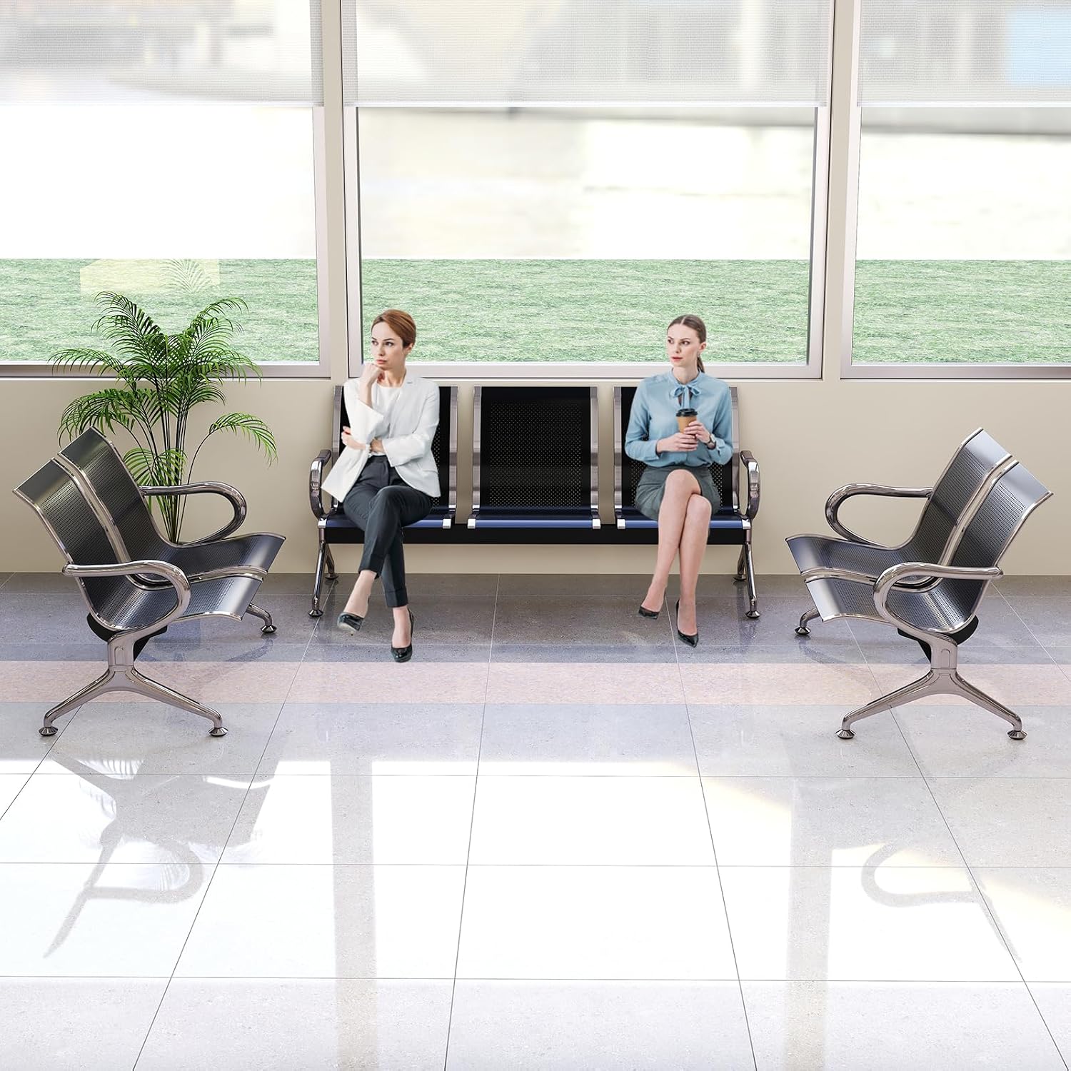 KINTNESS 7 Seat Reception Chair Benches Office Chair Guest Heavy Duty Waiting Room Chairs with Arms for Lobby, Office, Bank, Hospital Bench, Black