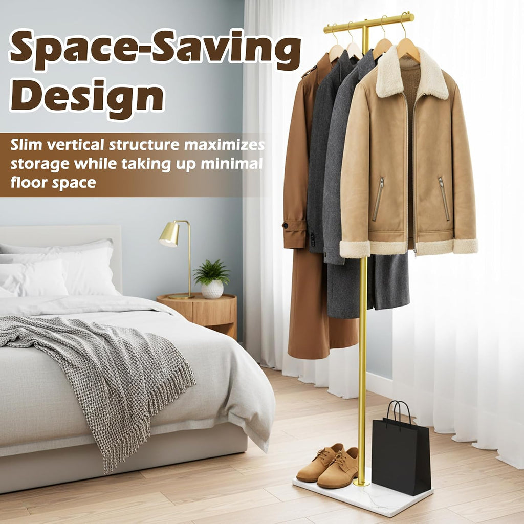 T-shaped Coat Rack Freestanding with Marble Base, 72" H Clothes Display Rack, Heavy-duty Clothes Rack, Modern Metal Coat Hanging Rack for Boutique, Hallway, Entryway, White