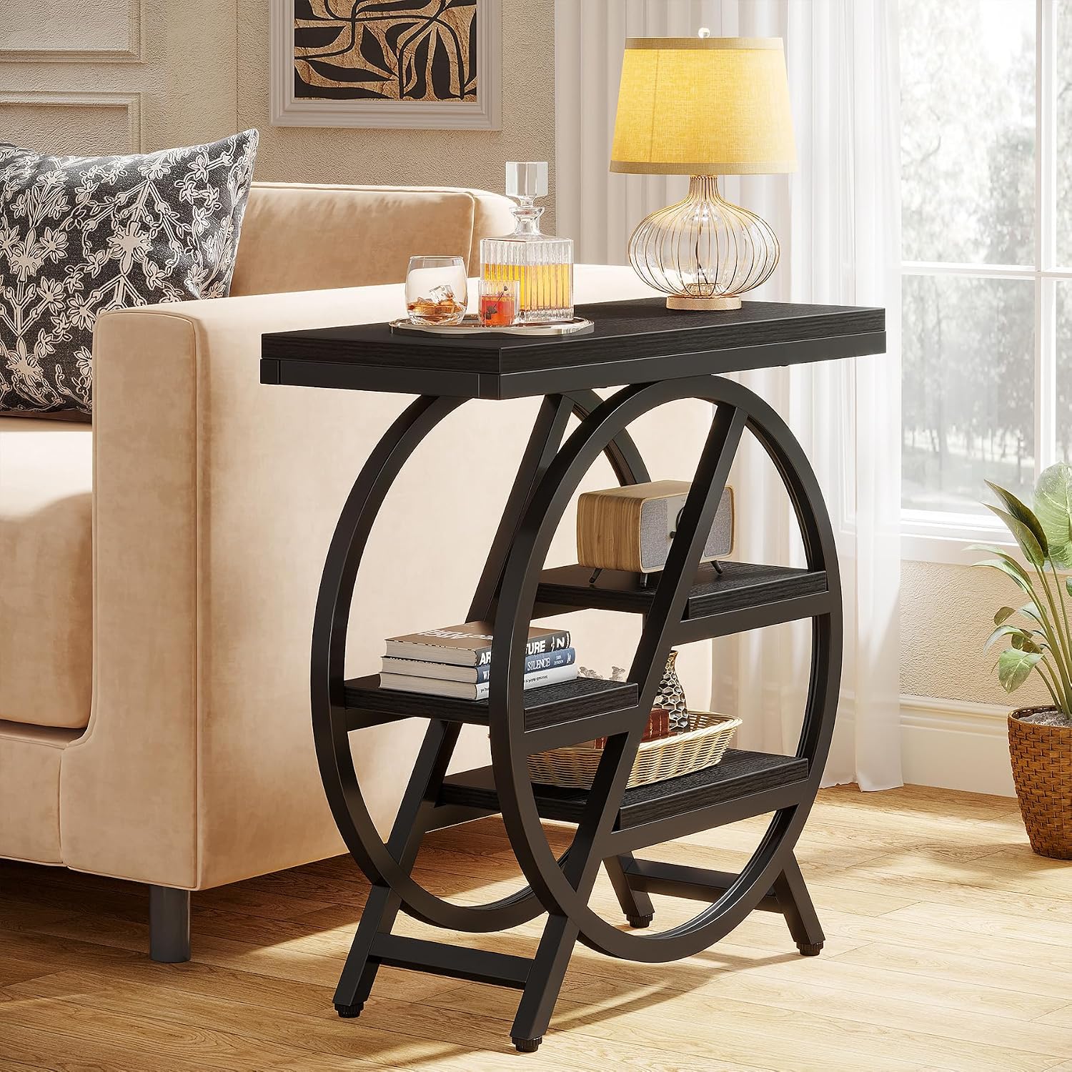 Tribesigns End Table for Living Room, 3-Tier Narrow Side Table with Storage, Wood Sofa Side Table with Geometric Metal Frame, Industrial Nightstand and Bedside Table for Bedroom, Black