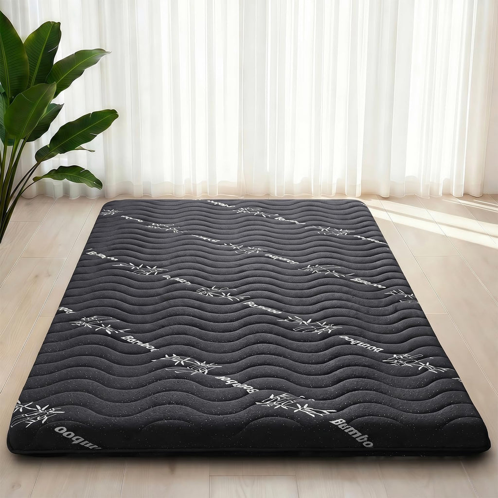 Japanese Floor Mattress Viscose Derived from Bamboo, 100% High Density Foam, 3.5" Thicken Cooling Foldable Futon Mattress Tatami Mat, Roll Up Floor Bed for Guest Room Bedroom RV, Black, Twin