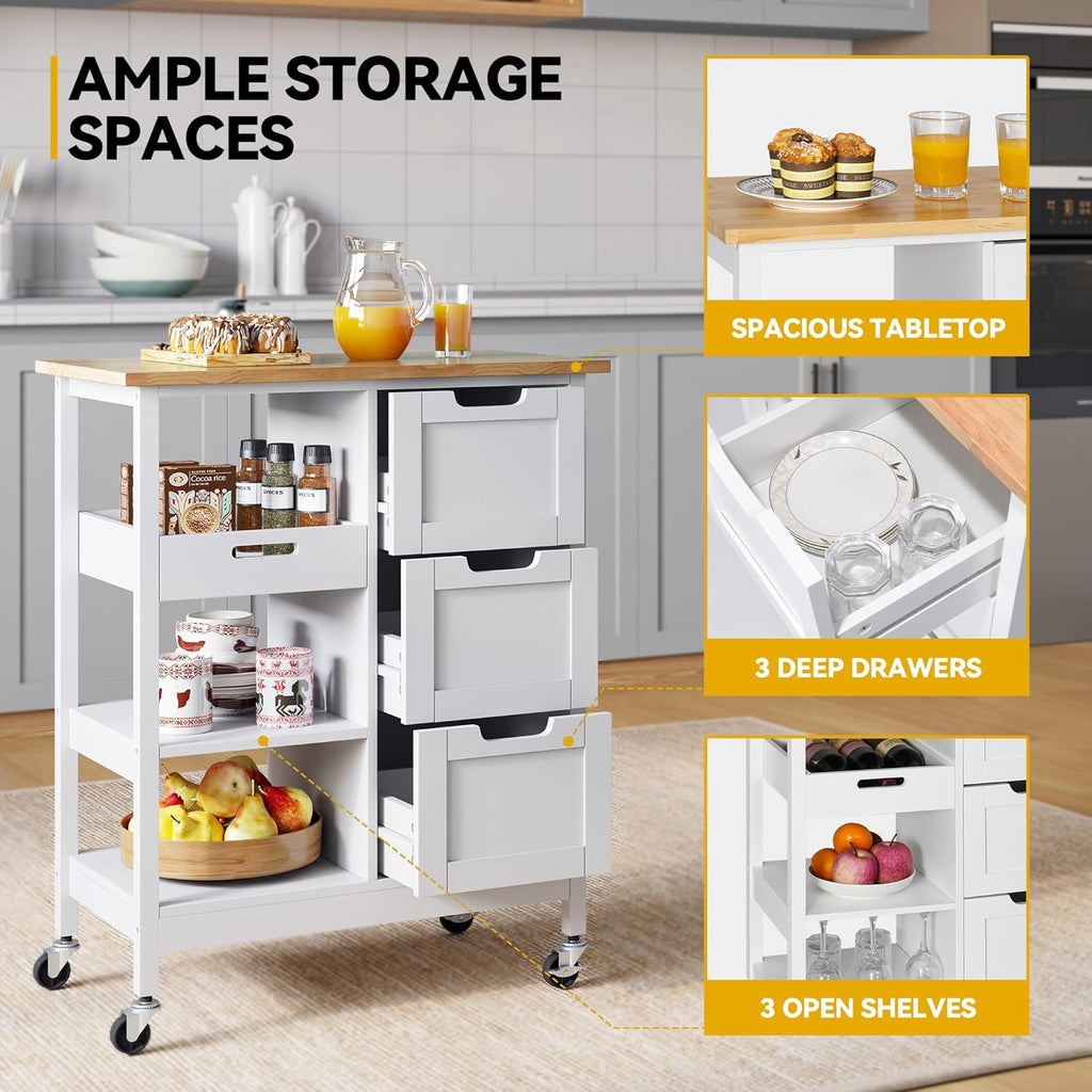 DWVO Solid Wood Top Rolling Kitchen Island Cart, 3 Tier Mobile Kitchen Storage Island Cart with 3 Drawers and 3 Opening Storage Shelves for Kitchen & Dining Area, White