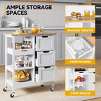 DWVO Solid Wood Top Rolling Kitchen Island Cart, 3 Tier Mobile Kitchen Storage Island Cart with 3 Drawers and 3 Opening Storage Shelves for Kitchen & Dining Area, White