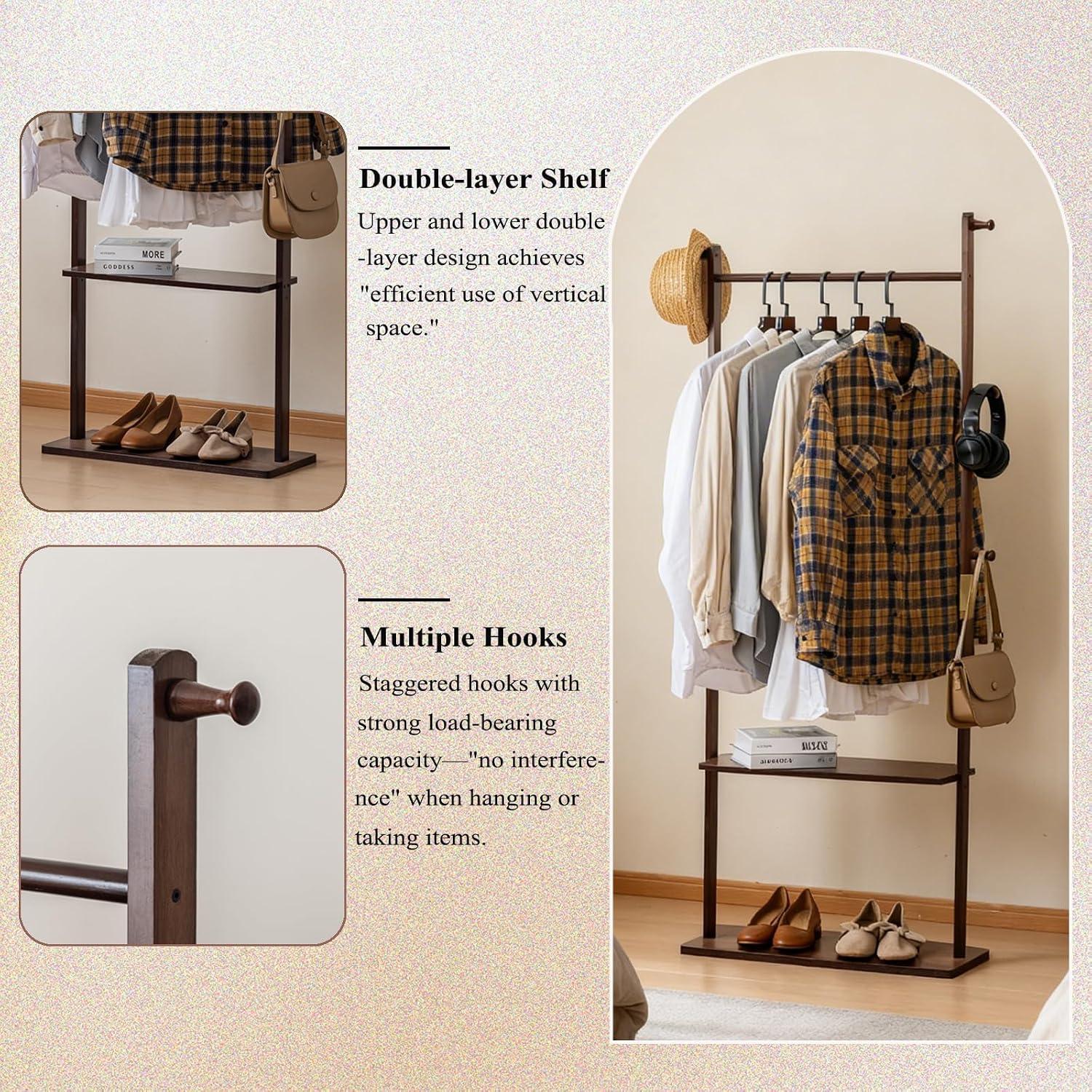 SOBIBO Clothes Rack Solid Wood Coat Rack with Shelves and Hooks – Garment Clothing Rack Coat Rack with Storage for Hallway, Bedroom, Living Room, 23.6 inch, Walnut