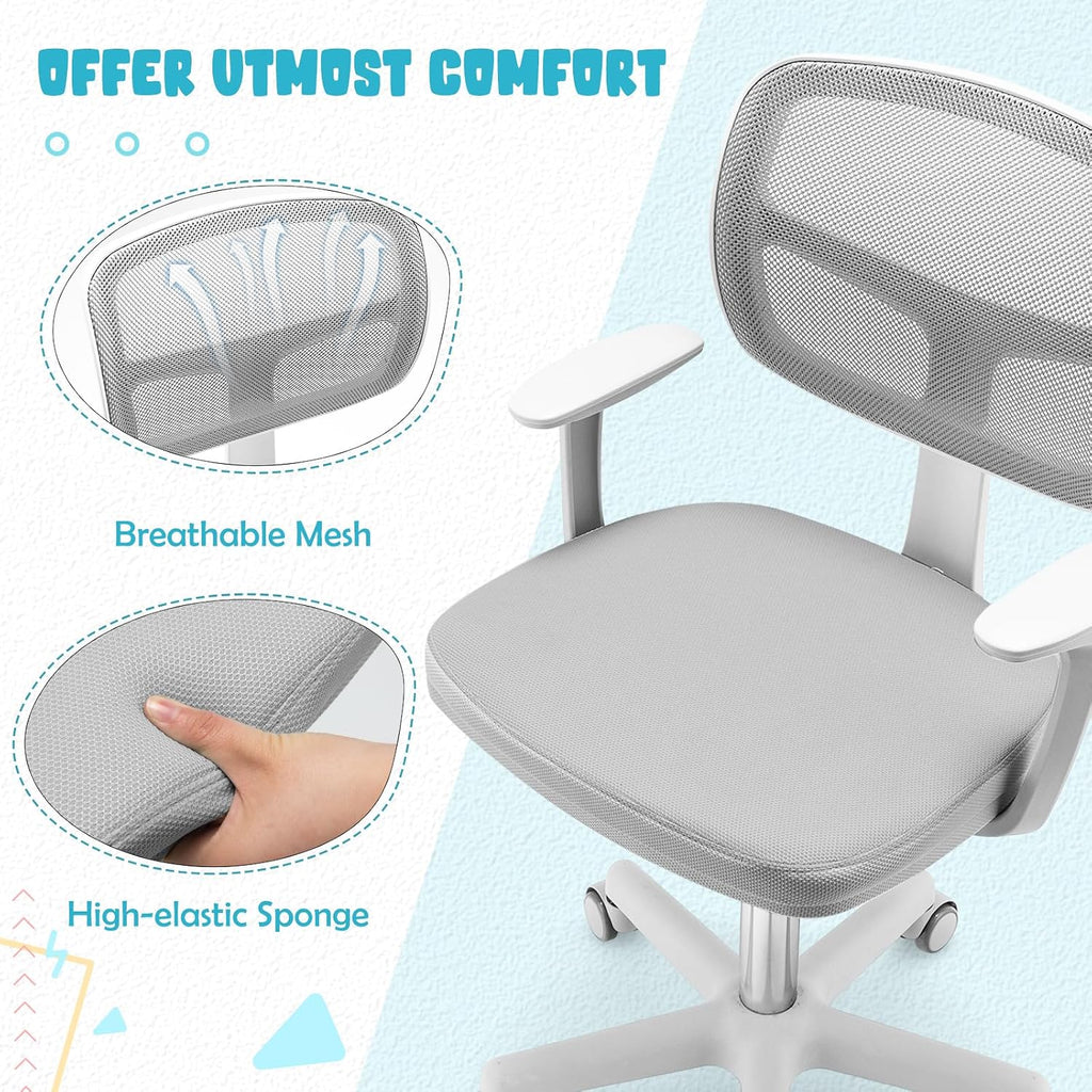 Kids Desk Chair, Height Adjustable Children Study Chair w/Lumbar Support, Swivel Mesh Seat, Universal Casters, Ergonomic Kids Task Chair for Boys Girls Aged 3-10, Home, School, Office(Grey)