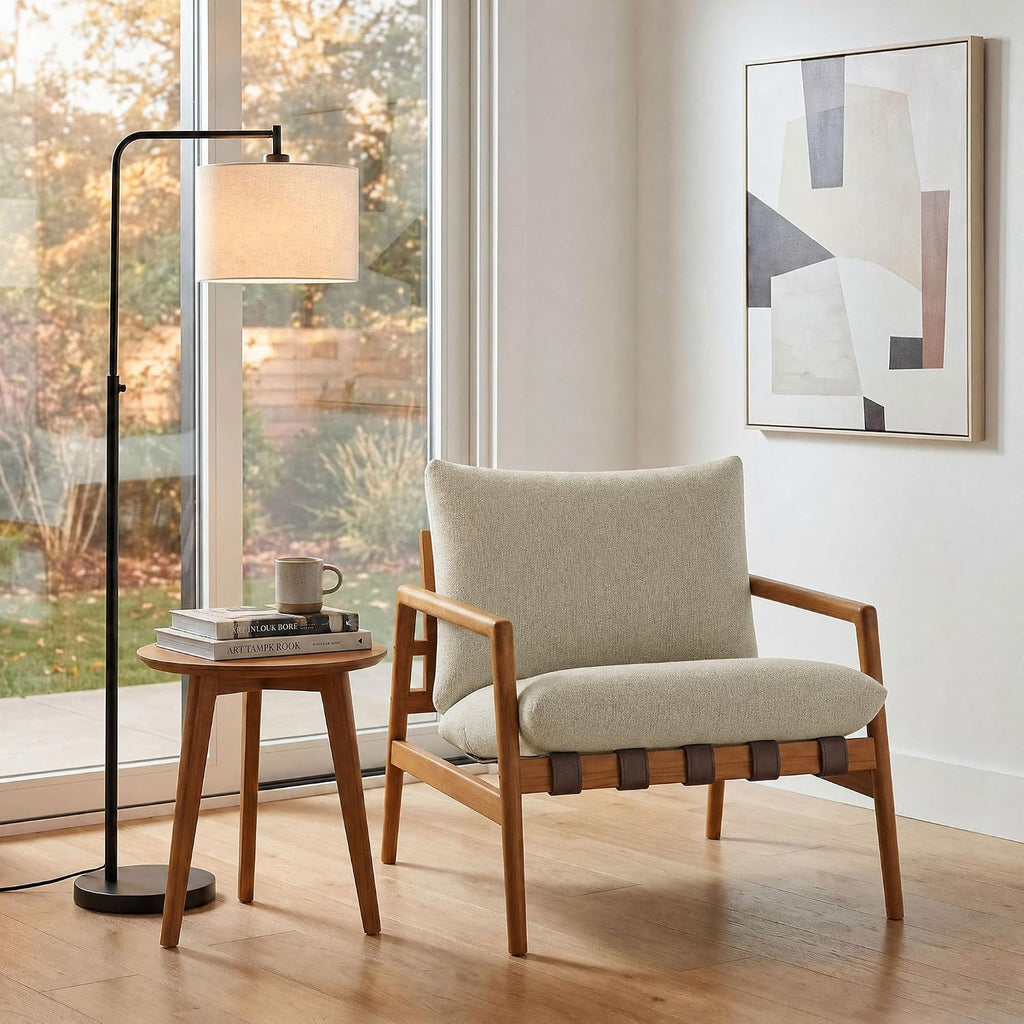 Modway Nomi Teak Wood Outdoor Sling Accent Chair in Sand - Faux Leather Vegan Patio Armchair with Removable Cushioned Upholstery
