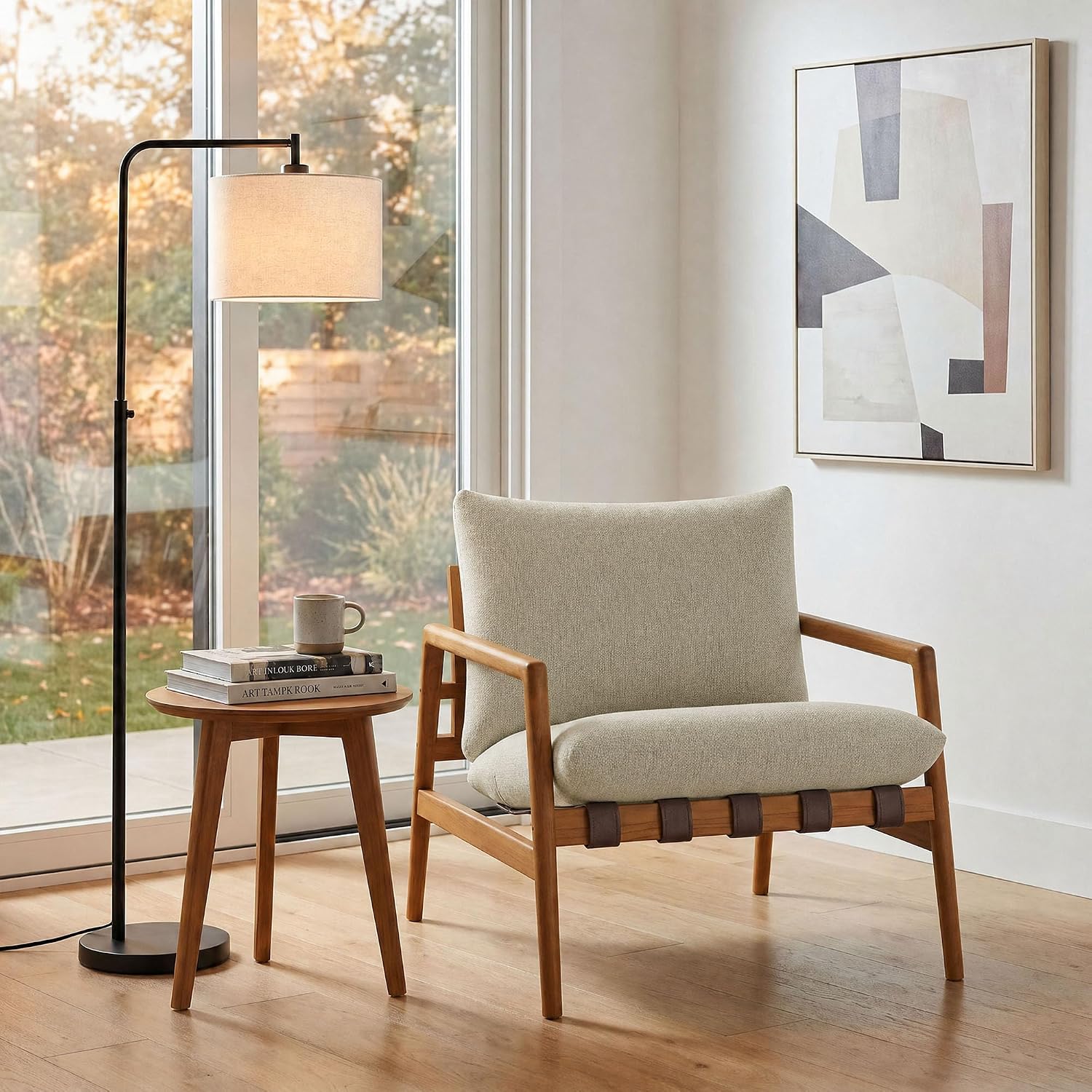 Modway Nomi Teak Wood Outdoor Sling Accent Chair in Sand - Faux Leather Vegan Patio Armchair with Removable Cushioned Upholstery