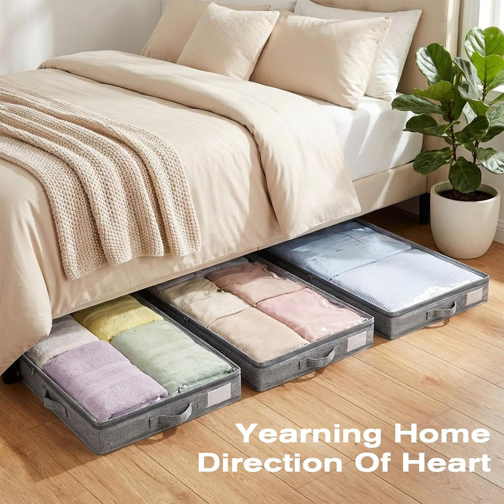 4 Pack Under Bed Storage, Below 4 Inches Underbed Storage Containers Low Profile No Sidewalls Foldable Shallow Storage Bins Organizer with Clear Lid and Zipper