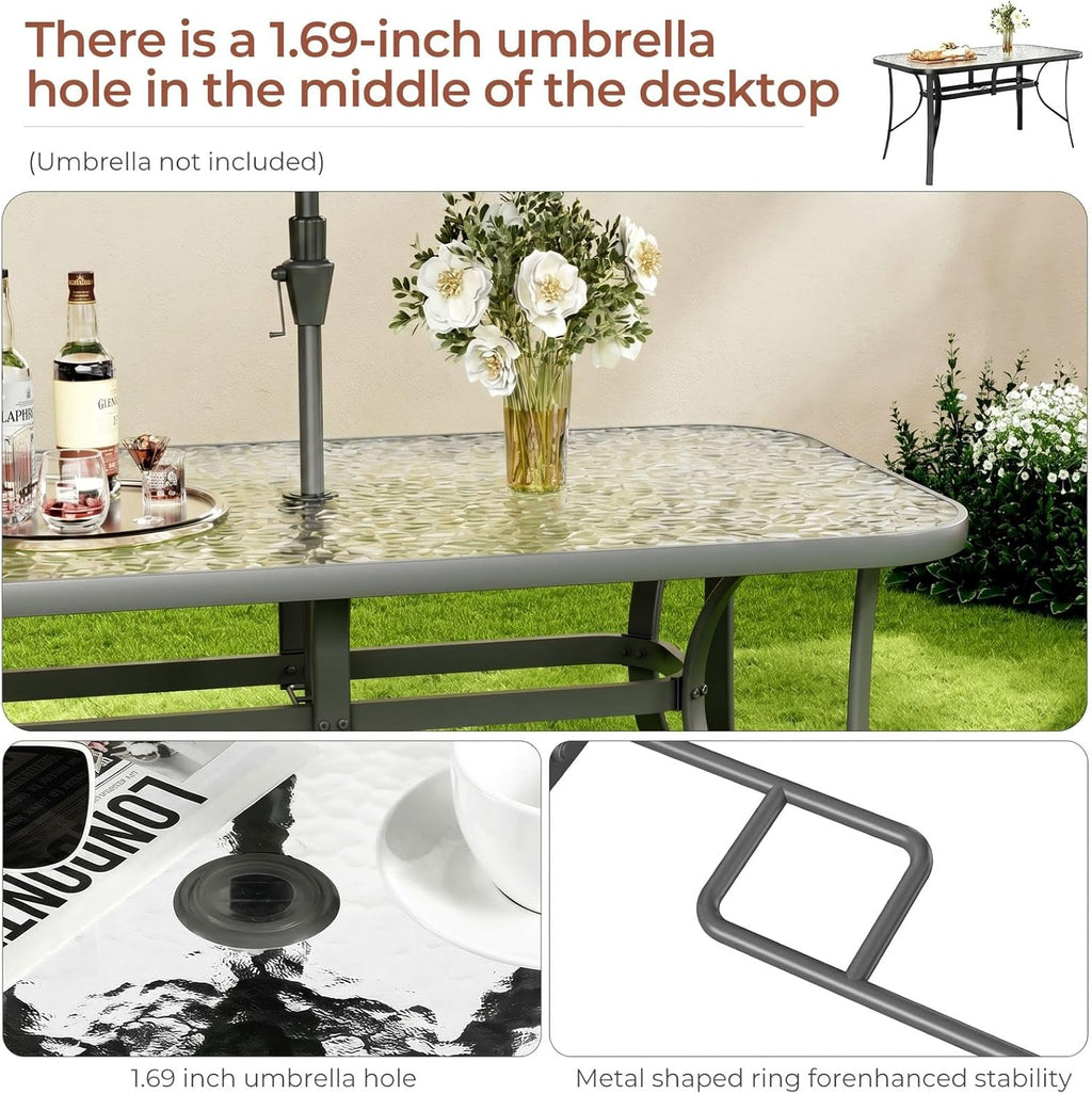 TLSUNNY Patio 30"X 55" Rectangular Glass Table with 1.69″ Umbrella Hole | Outdoor Dining Table for 6, with Powder-coated Metal Frame, 5mm Thickened Glass, 220LBS, All-Weather for Graden, Backyard