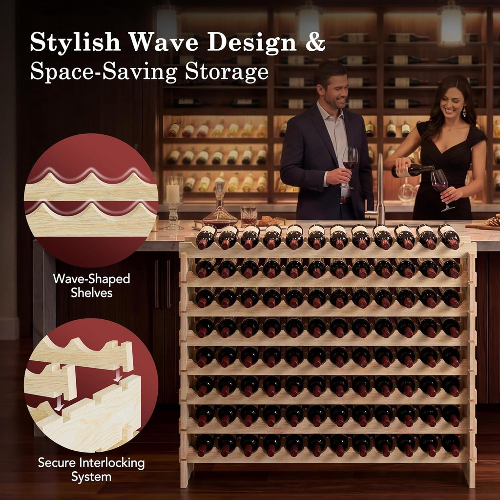 F2C Wood 96-Bottle Stackable Modular Wine Rack Wood Wine Cabinet Free Standing Wine Storage Organizer Display Shelf Wine Bottle Holder Kitchen Decor Classic Style, Wobble Free (96 Bottles)