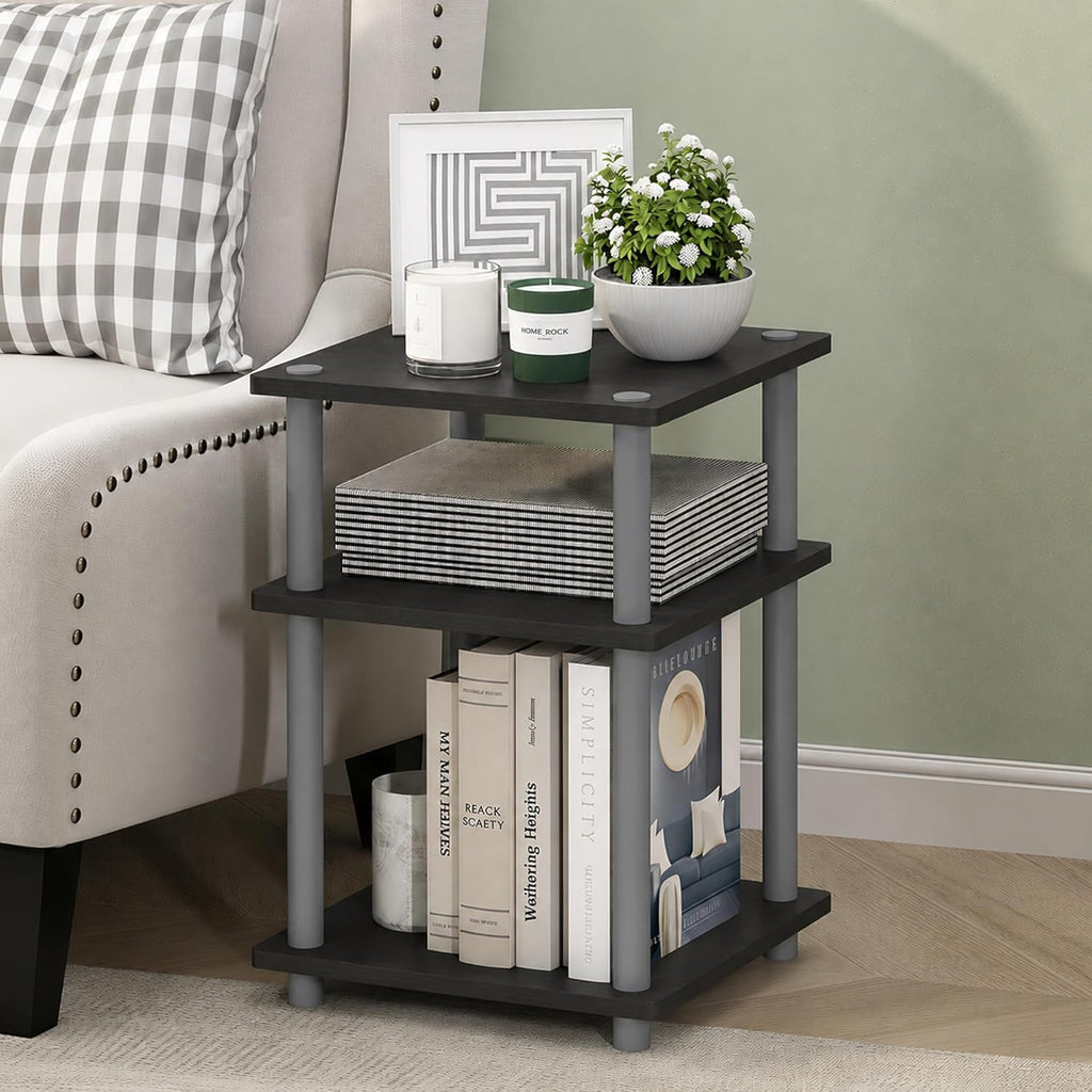Furinno Turn-N-Tube Toolless Assembly Side Table, Grey 3-Tier End Table, Night Stand, Bedside Table for Living Room, Bedroom, Home Office, Grey Oak/Black