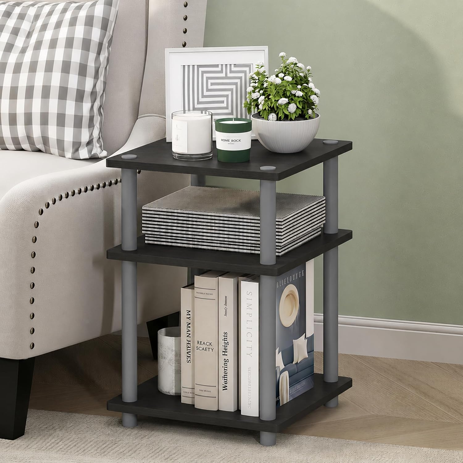 Furinno Turn-N-Tube Toolless Assembly Side Table, Grey 3-Tier End Table, Night Stand, Bedside Table for Living Room, Bedroom, Home Office, Grey Oak/Black