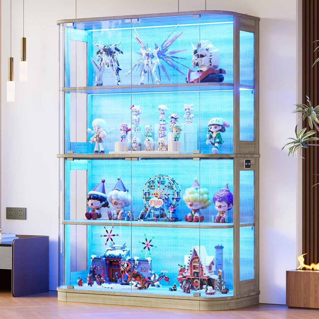 PAKASEPT 47.2" Large Rounded Display Cabinet with Glass Doors, 4-Tier Curio Cabinet Storage Case with LED Lights & Press-to-Open Doors, Modern Display Shelf for Collectible,Human Body Sensor, Natural