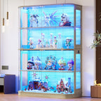 PAKASEPT 47.2" Large Rounded Display Cabinet with Glass Doors, 4-Tier Curio Cabinet Storage Case with LED Lights & Press-to-Open Doors, Modern Display Shelf for Collectible,Human Body Sensor, Natural