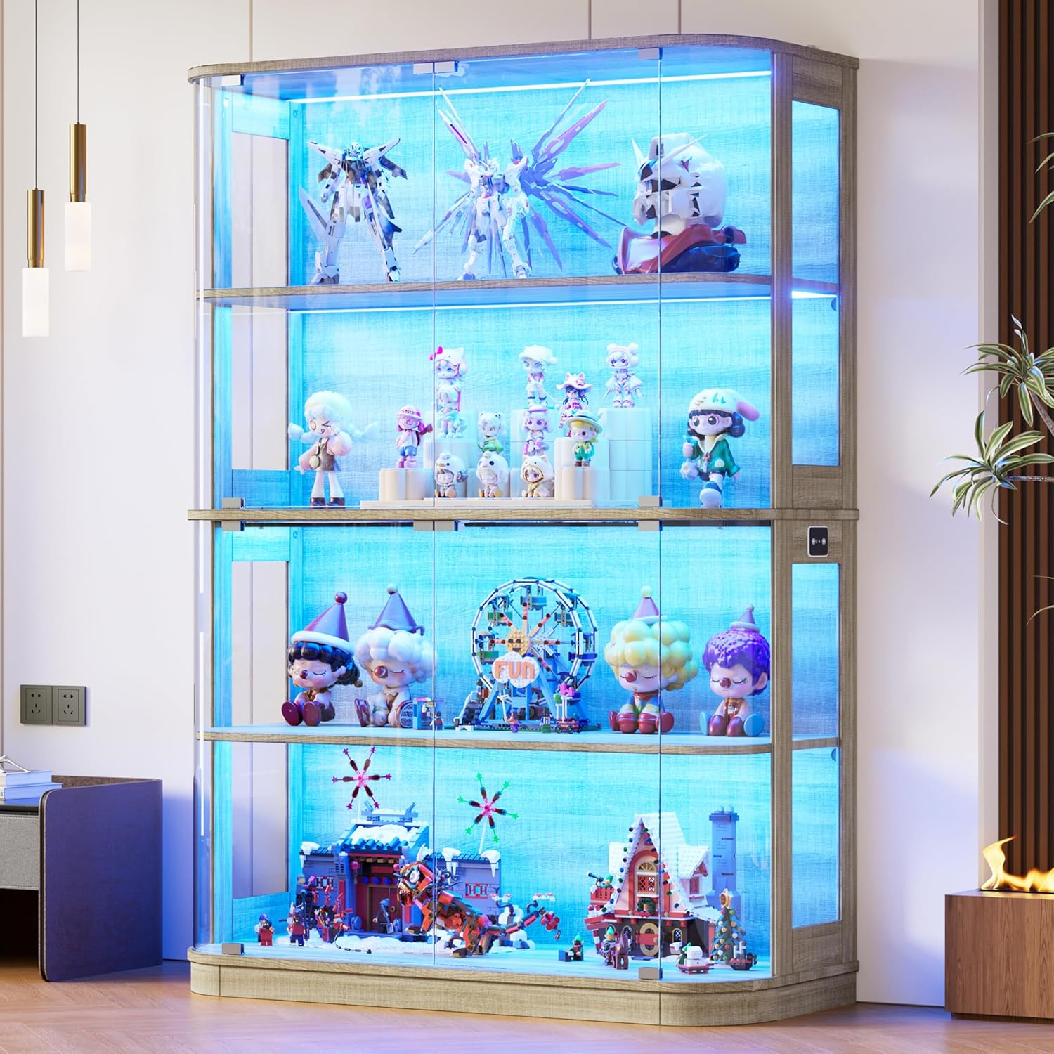 PAKASEPT 47.2" Large Rounded Display Cabinet with Glass Doors, 4-Tier Curio Cabinet Storage Case with LED Lights & Press-to-Open Doors, Modern Display Shelf for Collectible,Human Body Sensor, Natural