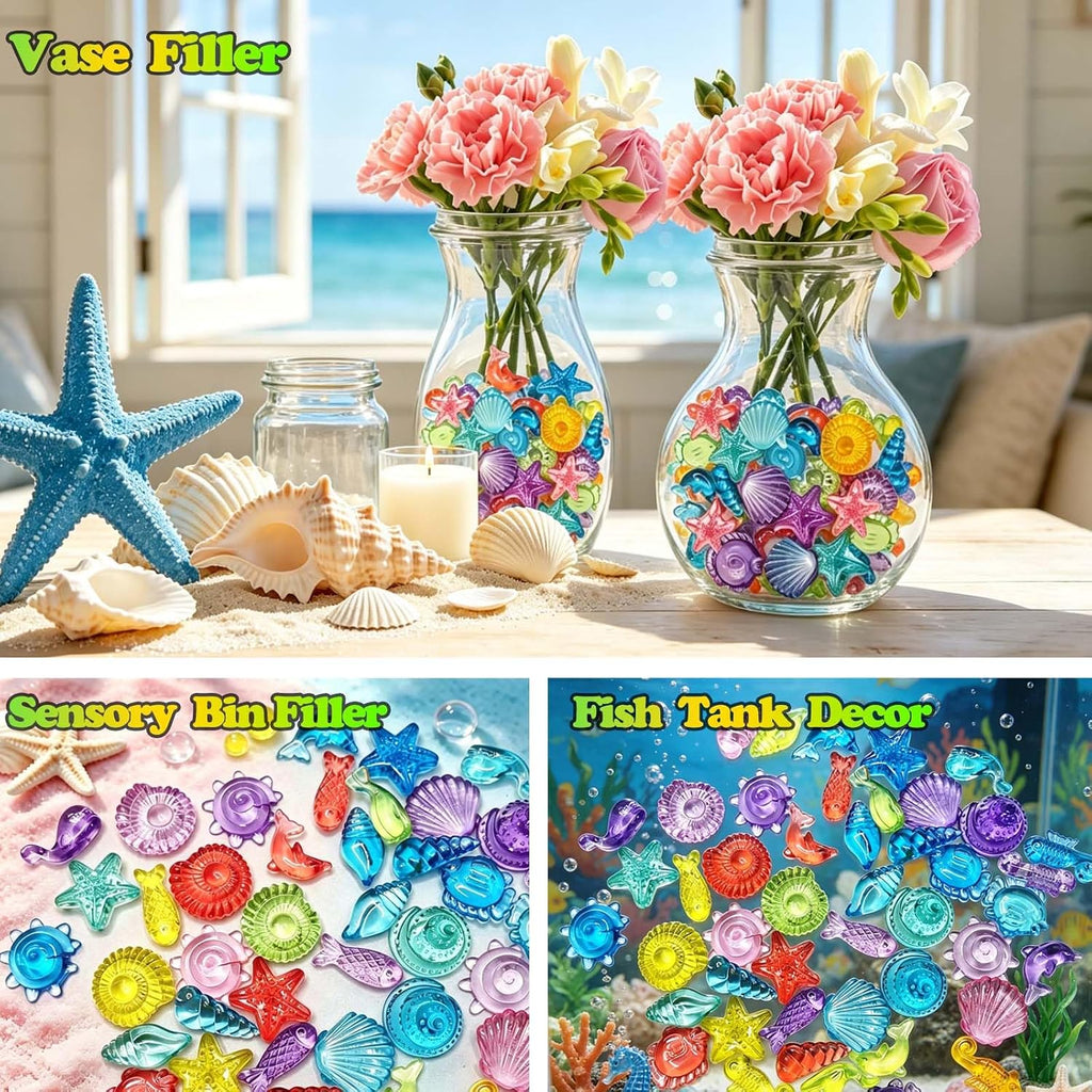 450 PCS Seashells Sensory Bin Filler, Mini Resin Ocean Seashell Animal Figures Diving Gems Vase Fillers for Fish Aquarium Fairy Garden Table Decorations