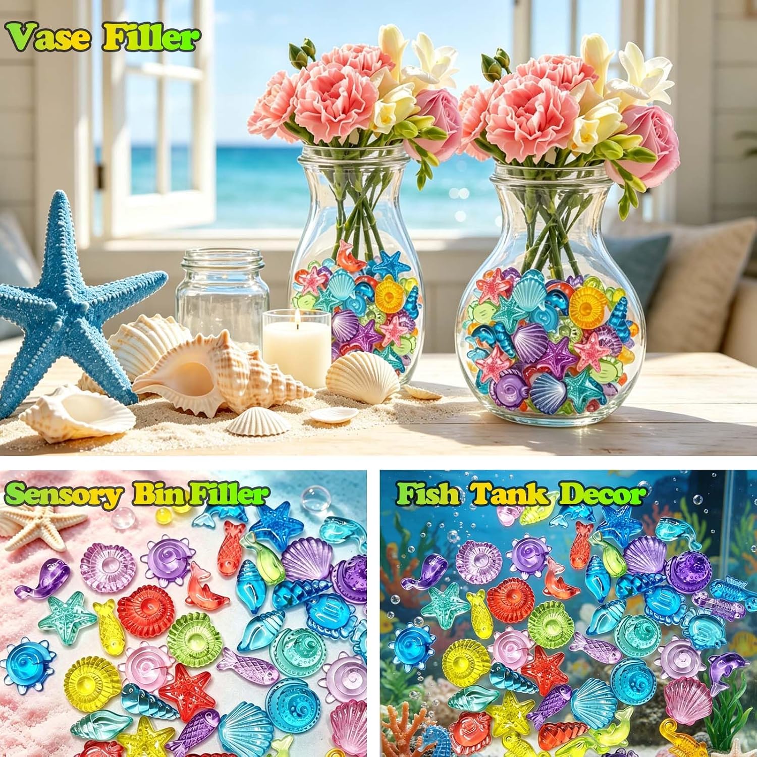450 PCS Seashells Sensory Bin Filler, Mini Resin Ocean Seashell Animal Figures Diving Gems Vase Fillers for Fish Aquarium Fairy Garden Table Decorations