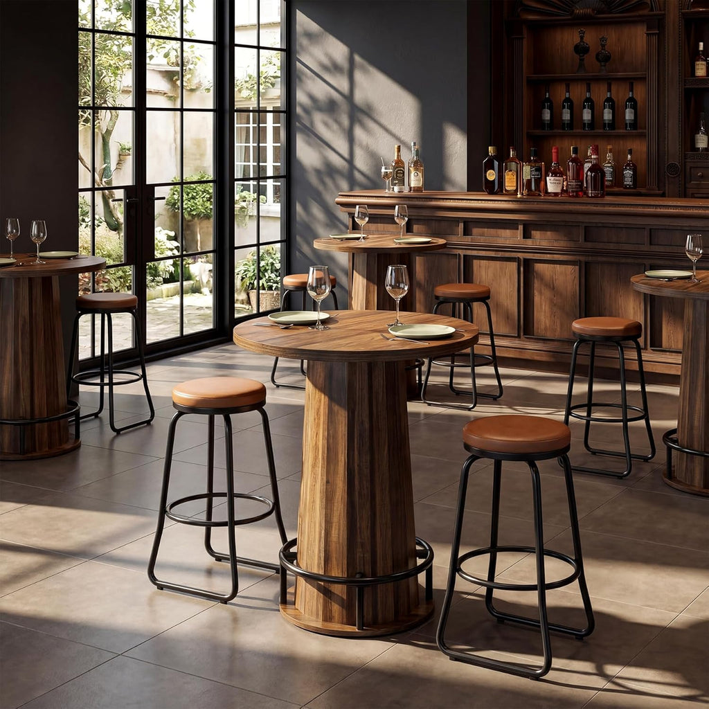 LITTLE TREE 31.5'' Round Bar Table, 37.4" H Wood Pub Table with Metal Ring Footrest, Industrial Farmhouse Bar Table for Kitchen, Dining Room, Pub, Rustic Brown(Only Table)