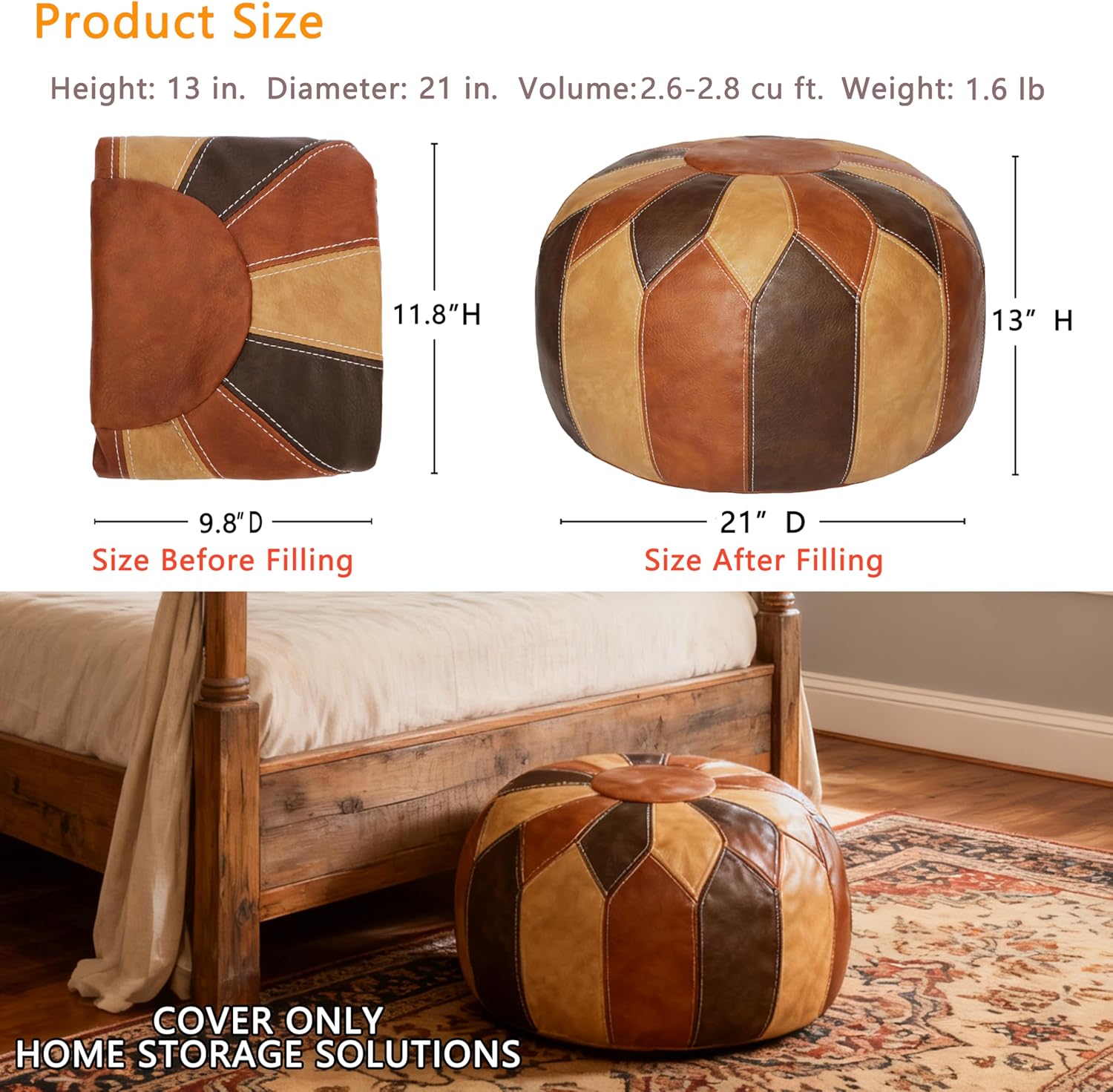 Thgonwid Unstuffed Moroccan Faux Leather Pouf Ottoman Cover with Storage - Boho Chic Multi-Use Footrest for Living Room, Bedroom, Patio - Round Ethnic Floor Cushion & Decorative Accent, Tricolor