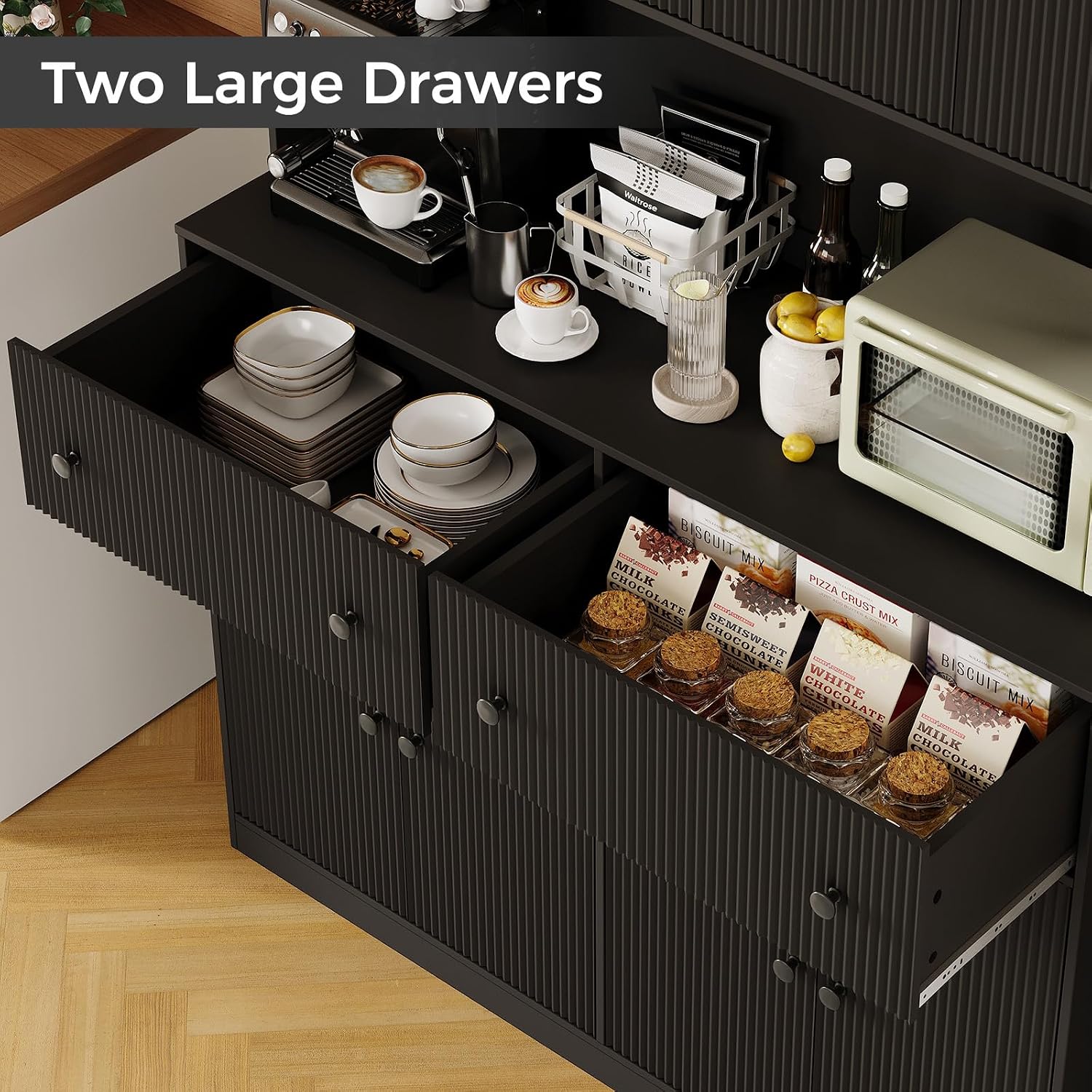 Garvee 47" Fluted Kitchen Pantry Cabinet with Countertop and Charging Station - Tall Pantry Storage Cabinet with 2 Drawers and Adjustable Shelves for Dining Room, Living Room