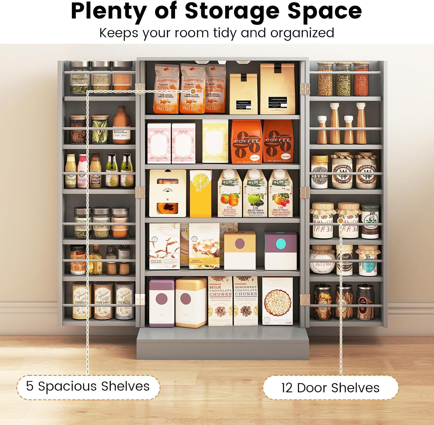 TANGZON 41"/47" Kitchen Cupboard, Kitchen Pantry Cabinet with Doors & Adjustable Shelves, Space Saving Larder Storage Cupboard Organiser for Dining Room Living Room Entryway (60 x 30 x 104cm, Grey)