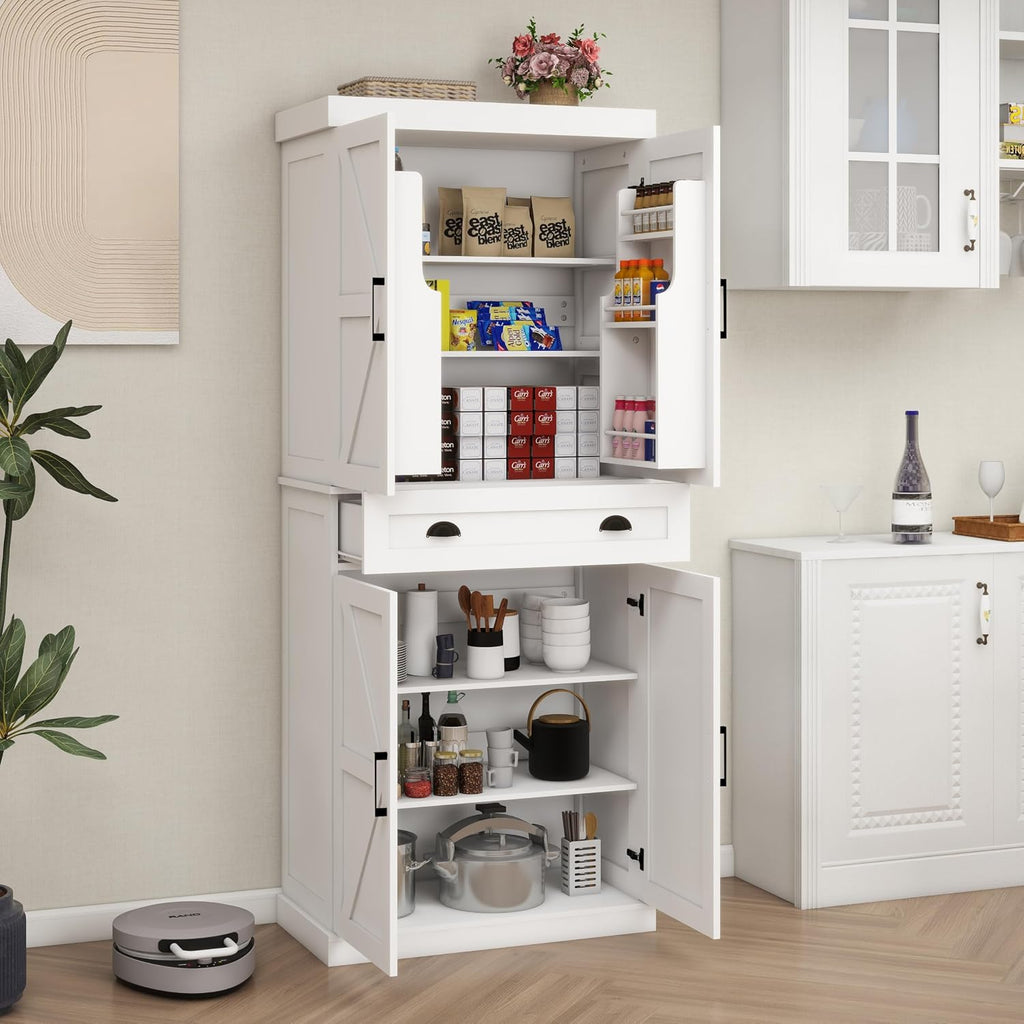 72" Farmhouse Storage Cabinet,Tall Kitchen Pantry Cabinet with 4 Barn Door,1 Drawer & 2 Adjustable Shelves,Freestanding Cupboard for Dining Room,Living Room,Bathroom (White, 72 Inch)
