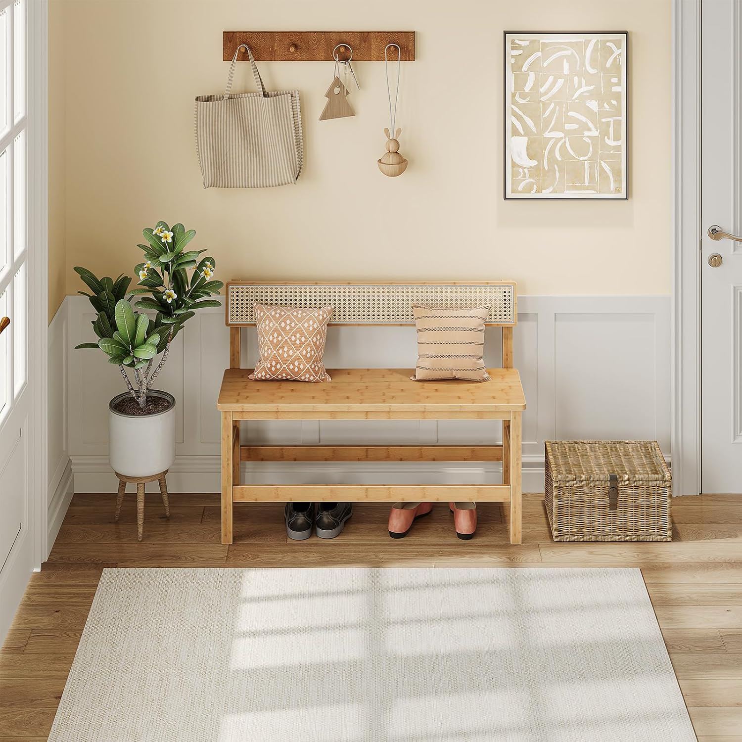 HOOBRO Dining Bench, Bamboo Farmhouse Entryway Bench with Back for Kitchen, Living Room, Bedroom, Easy to Assemble, Sturdy and Stable, Natural YL05CD01