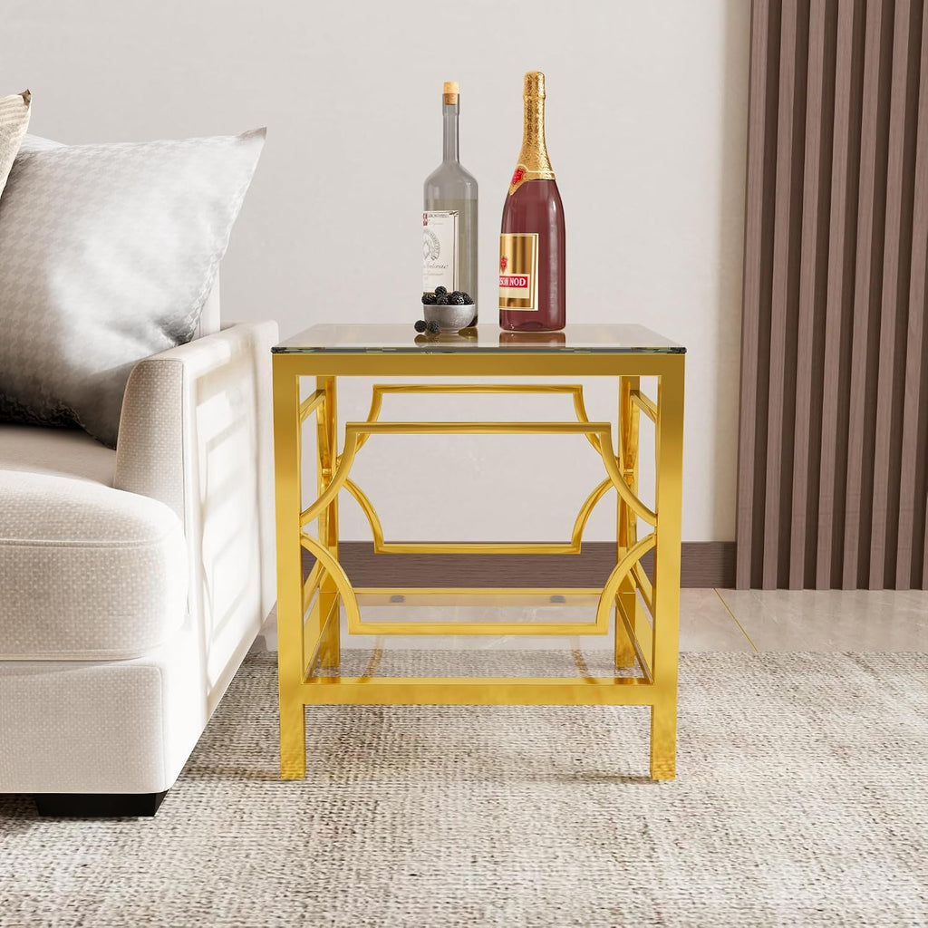 Modern 19.7" Square Glass Side Table for Living Room Luxury 2-Tier Storage End Table with Clear Tempered Glass Top and Gold Frame
