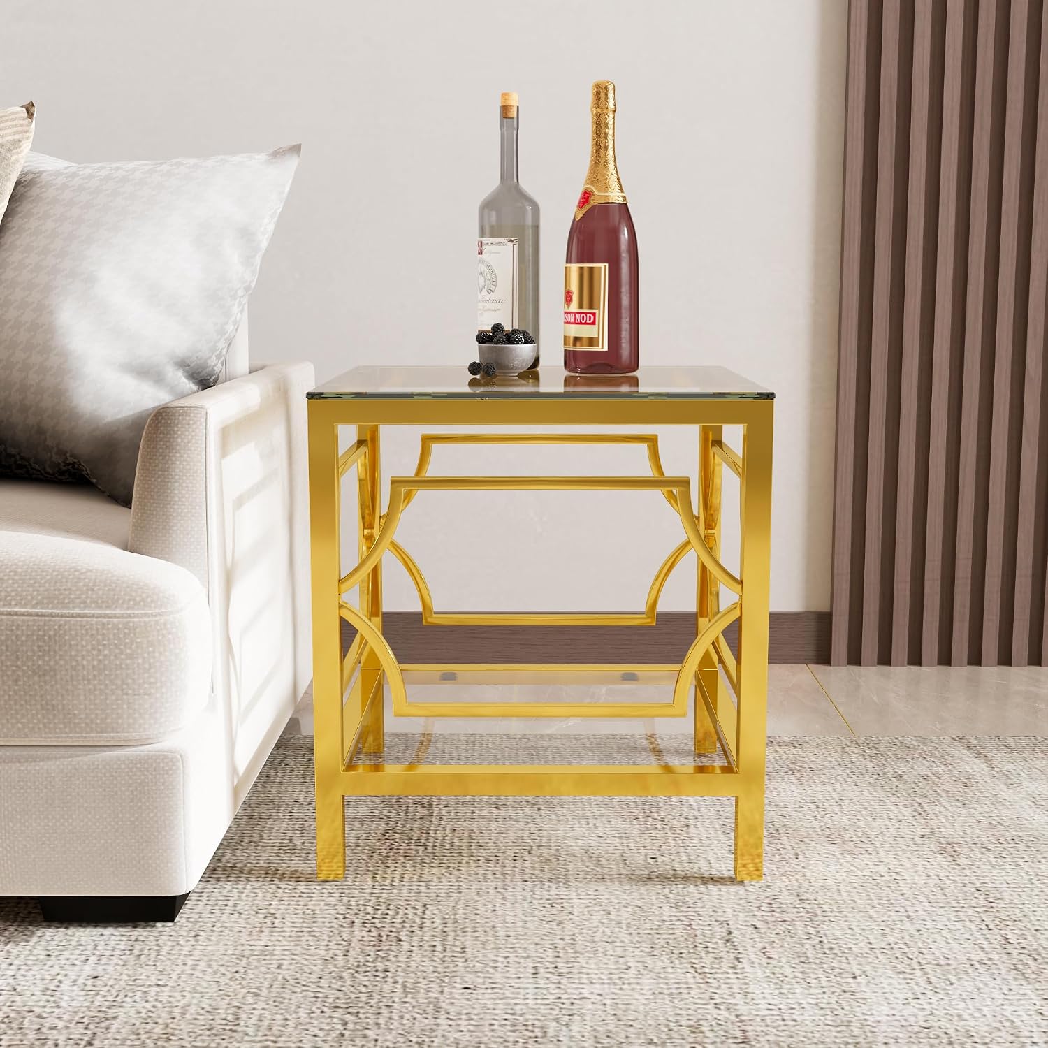 19.7" Modern Square Side Table with Tempered Glass Top & Storage Shelf, Luxury Glam End Table with Metal Frame for Living Room, Bedroom, Sofa Side, Small Space Accent Table